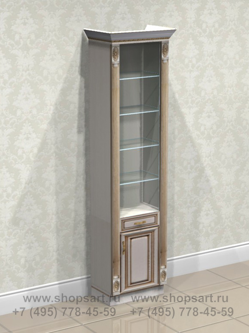 Витрина с колоннами , накопителем и выдвижным ящиком, с глухими боковонами.