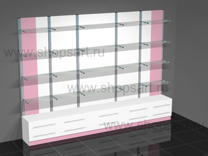 Стеллажи для косметики с полками и накопителями 3390х2450х500мм.