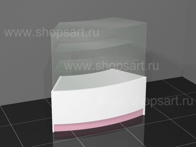 Прилавок с радиусным стеклом торговый 1170х1190х500мм.