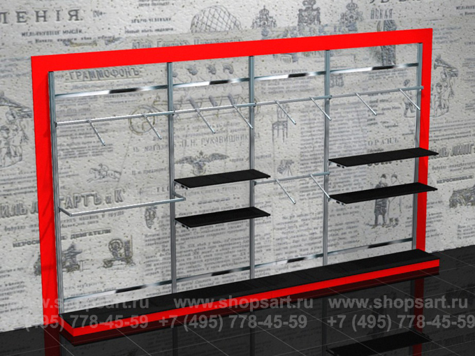 Стеллаж пристенный в раме, с подиумом и навеской для одежды.