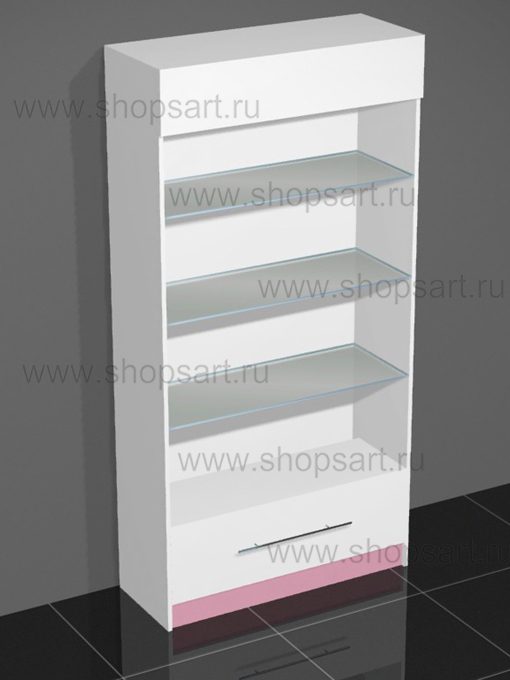 Шкаф открытый ЛДСП с полками из стекла и накопителем. 2000х1000х400мм.