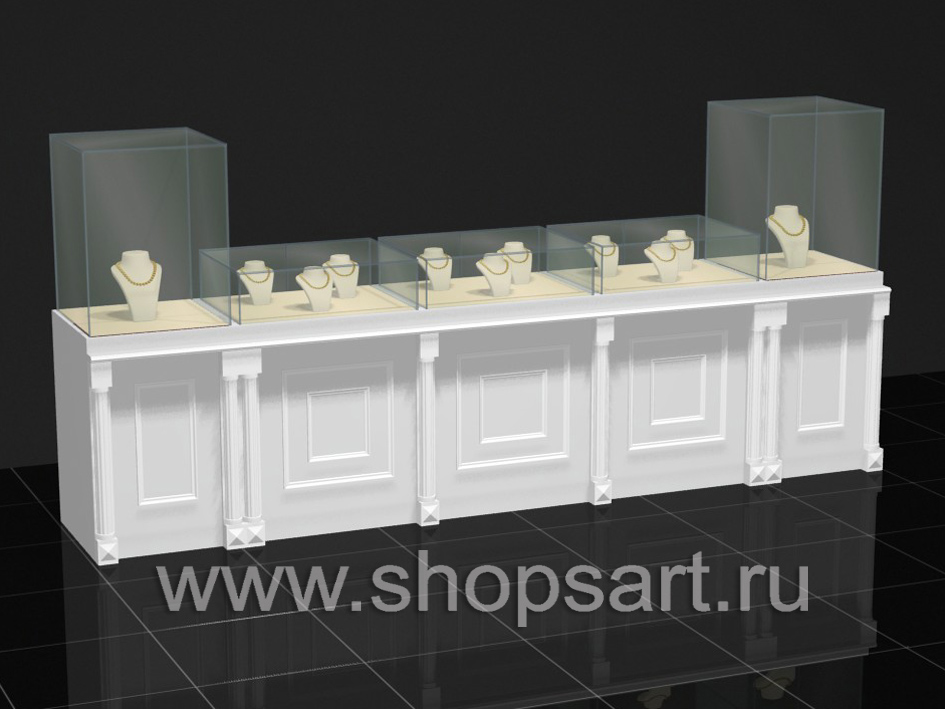 Прилавки для ювелирных украшений, из ЛДСП белого цвета, с декоративными элементами из массива дуба.