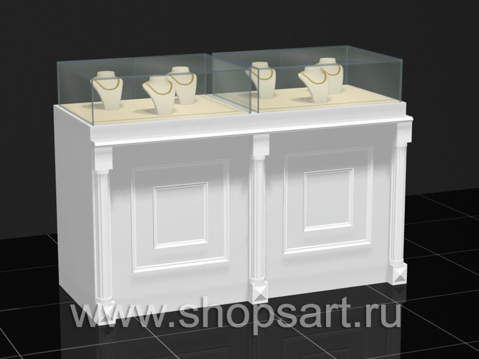 Прилавки для ювелирных украшений, из ЛДСП белого цвета, с декоративными элементами из массива дуба.
