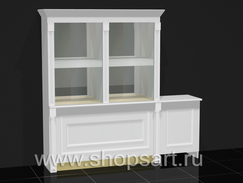 Витрина двойна из ЛДСП белого цвета, с декоративными элементами из массива дуба.