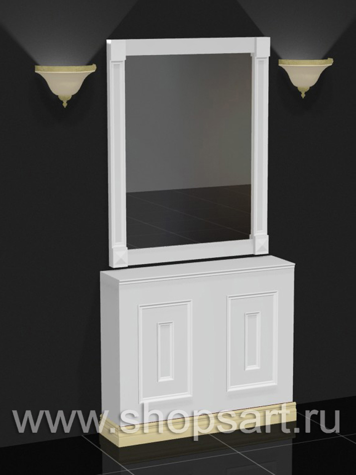 Тумба с зеркалом из ЛДСП белый цвет, с декоративной раскладкой из массива дуба.