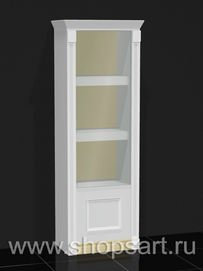 Витрина с карнизом, ЛДСП белый, бежевый, полки ЛДСП, дверки стеклянные распашные.