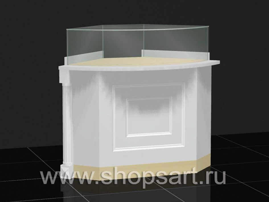 Прилавок угловой радиусный из ЛДСП белого цвета, с декоративными элементами из массива дуба.