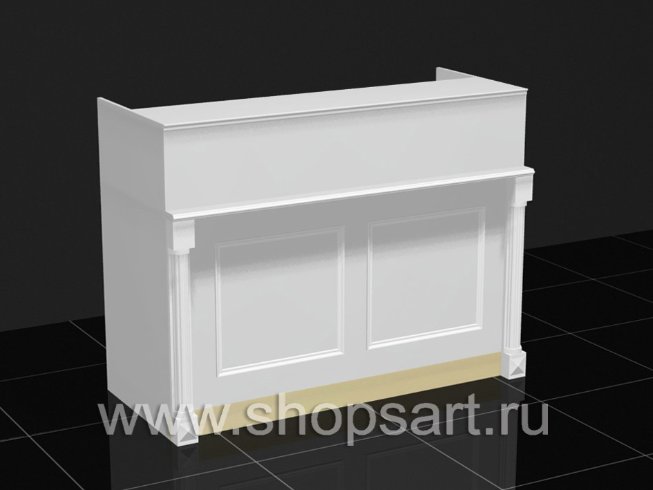 Кассовый стол, из ЛДСП белого цвета, с декоративными элементами из массива дуба.