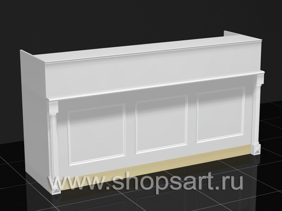 Кассовый стол, из ЛДСП белого цвета, с декоративными элементами из массива дуба.