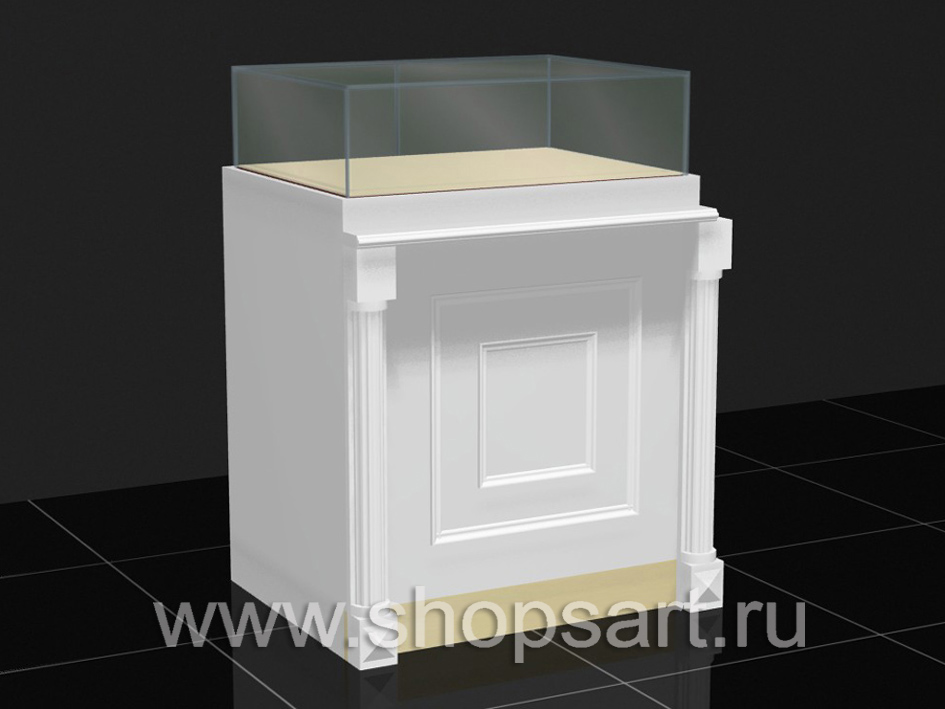 Прилавок торговый из ЛДСП белого цвета, с декоративными элементами из массива дуба.