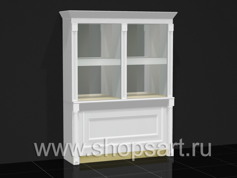 Витрина двойная из ЛДСП белого цвета, с декоративными элементами из массива дуба.