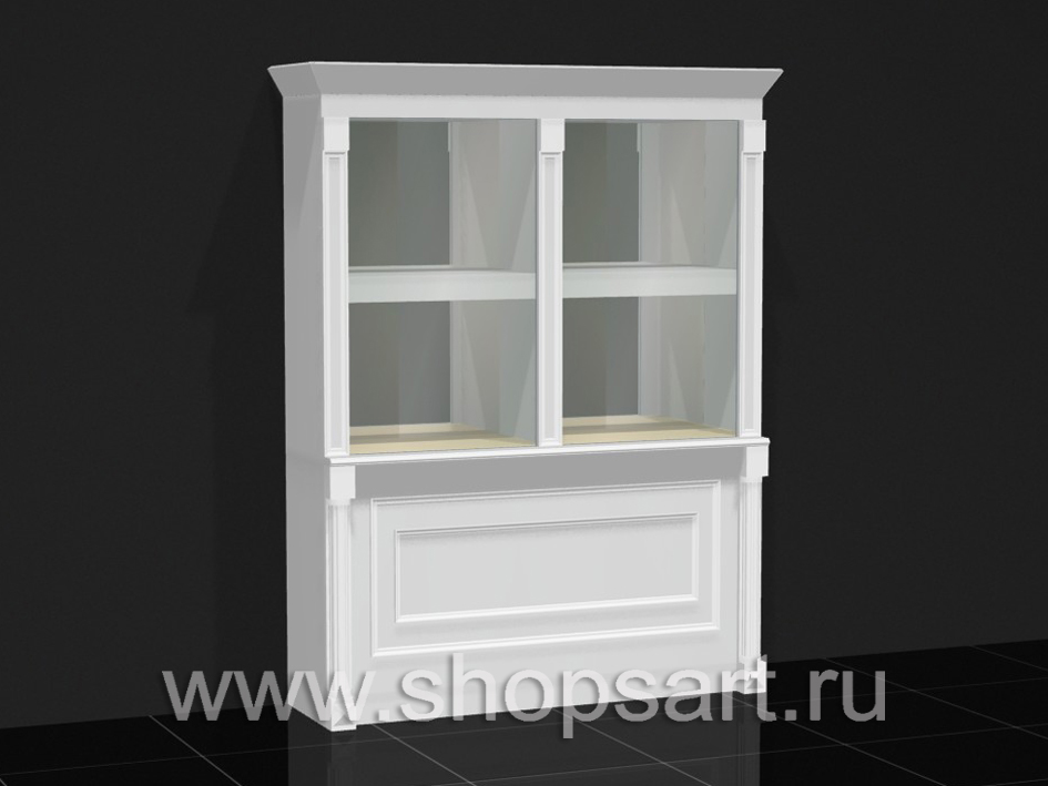 Витрина двойная из ЛДСП белого цвета, с декоративными элементами из массива дуба.