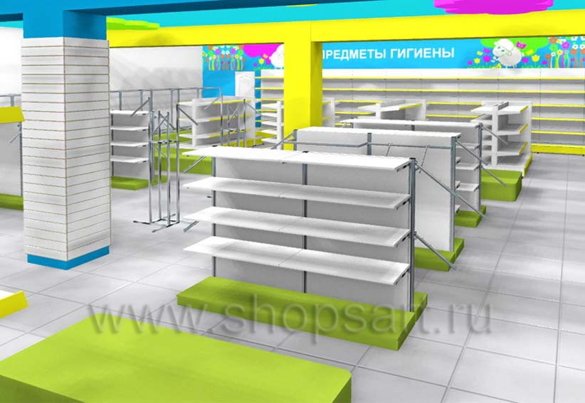 Дизайн интерьера магазина МАЛЫШ-АМ коллекция ТОРГОВЫЕ СТЕЛЛАЖИ