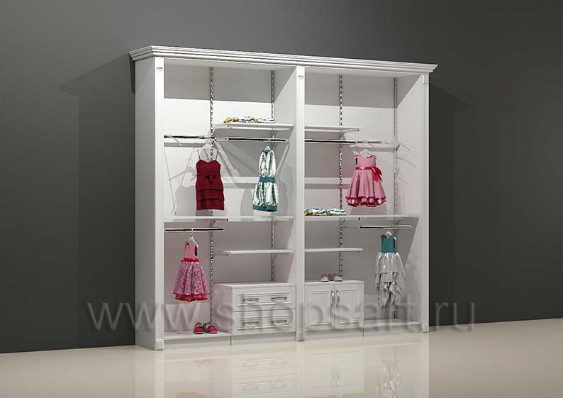 Шкаф для магазина одежды торговый двухсекционный с кронштейнами полками и накопителями торговое оборудование БЕЛАЯ КЛАССИКА