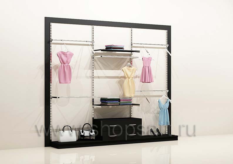 Блок стеллажей для магазина одежды с кронштейнами полками накопителем и подиумами торговое оборудование ЧЕРНО БЕЛАЯ КЛАССИКА