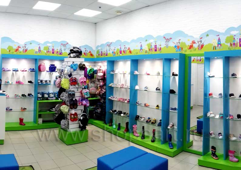 Торговое оборудование для детского магазина обуви Волшебная прогулка ТДЦ Варшавский коллекция АКВАРЕЛИ Фото