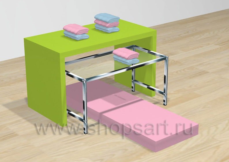 Торговый остров с двумя столами и подиумом торговое оборудование КАРАМЕЛЬ